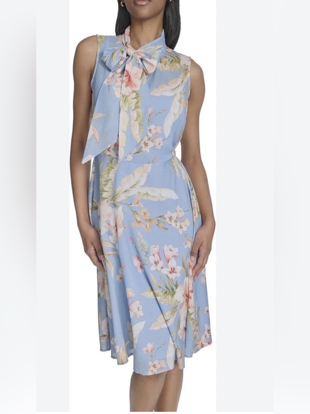 Halston Heritage Light Blue Floral Tie-Neck Midi Dress
